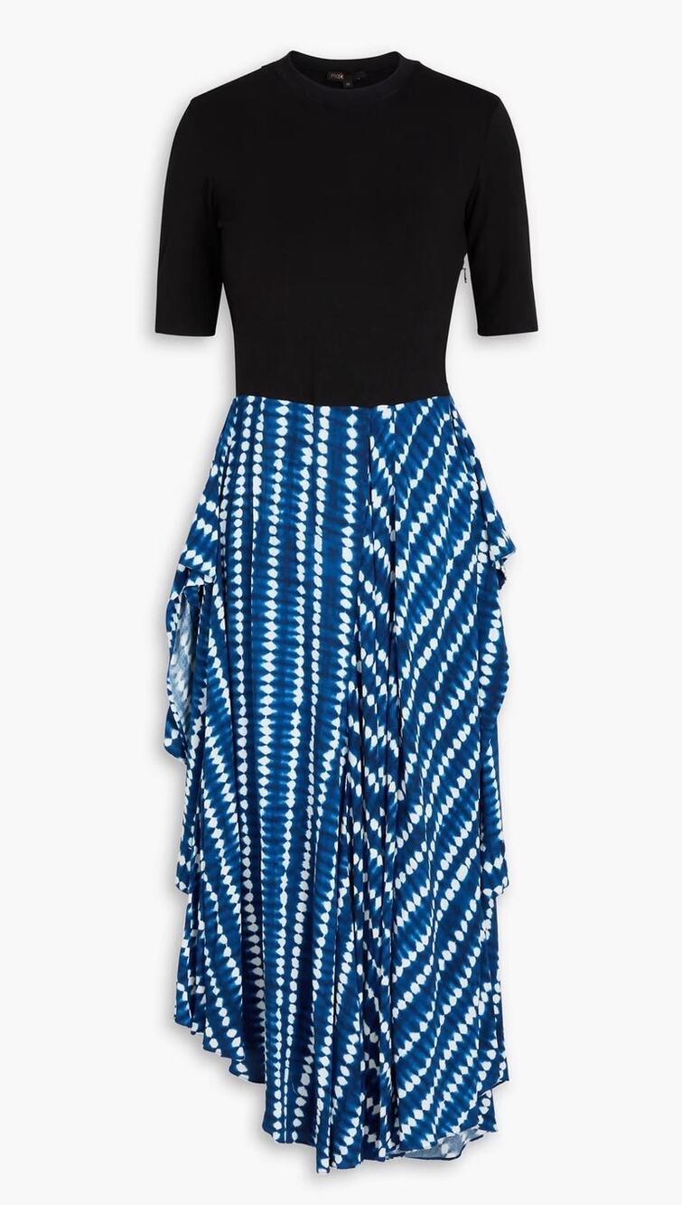 Maje Shirt Dress Blue Tie Dye Asymmetric Skirt Black Jersey Top New